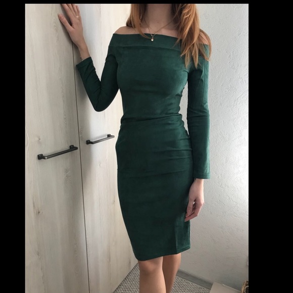 1 Left! Hunter Green Suede Off Shoulder Midi Dress - Picture 7 of 8